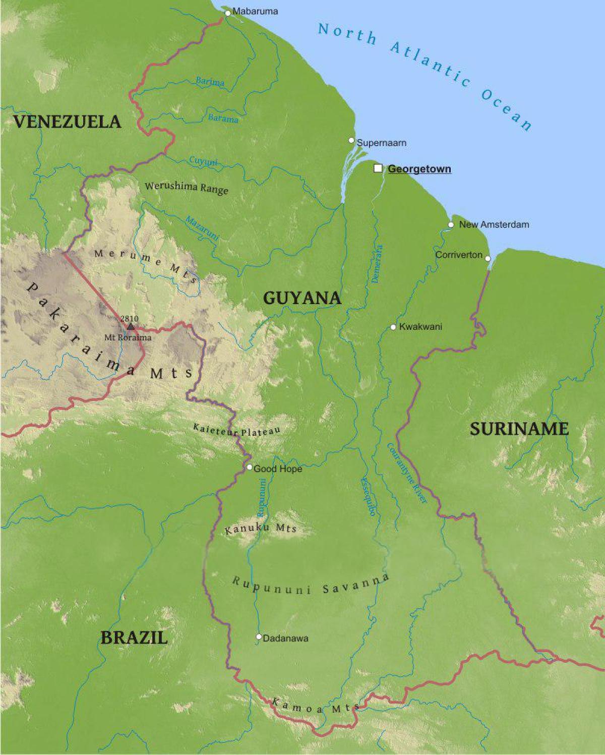 peta Guyana menunjukkan rendahnya dataran pantai