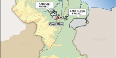 Peta Guyana menunjukkan sumber daya mineral